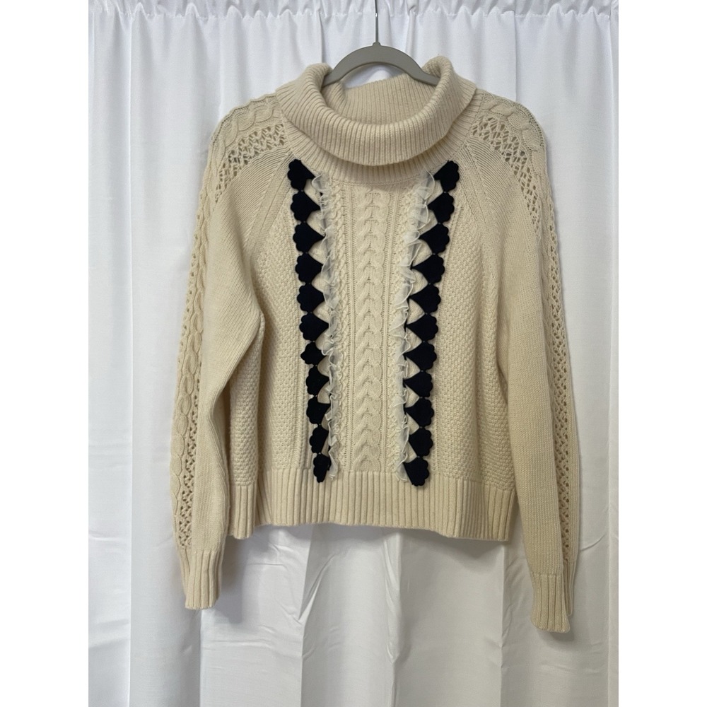 J. Crew Sweater Womens L Ivory Lace Cable Knit Turtleneck Wool Blend - Picture 1 of 6